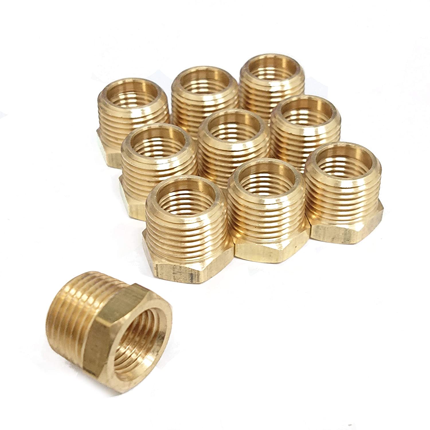 1/4" x 3/8" Brass Hex Bushing, Female Pipe x Male Pipe, NPT, Pack of 10.