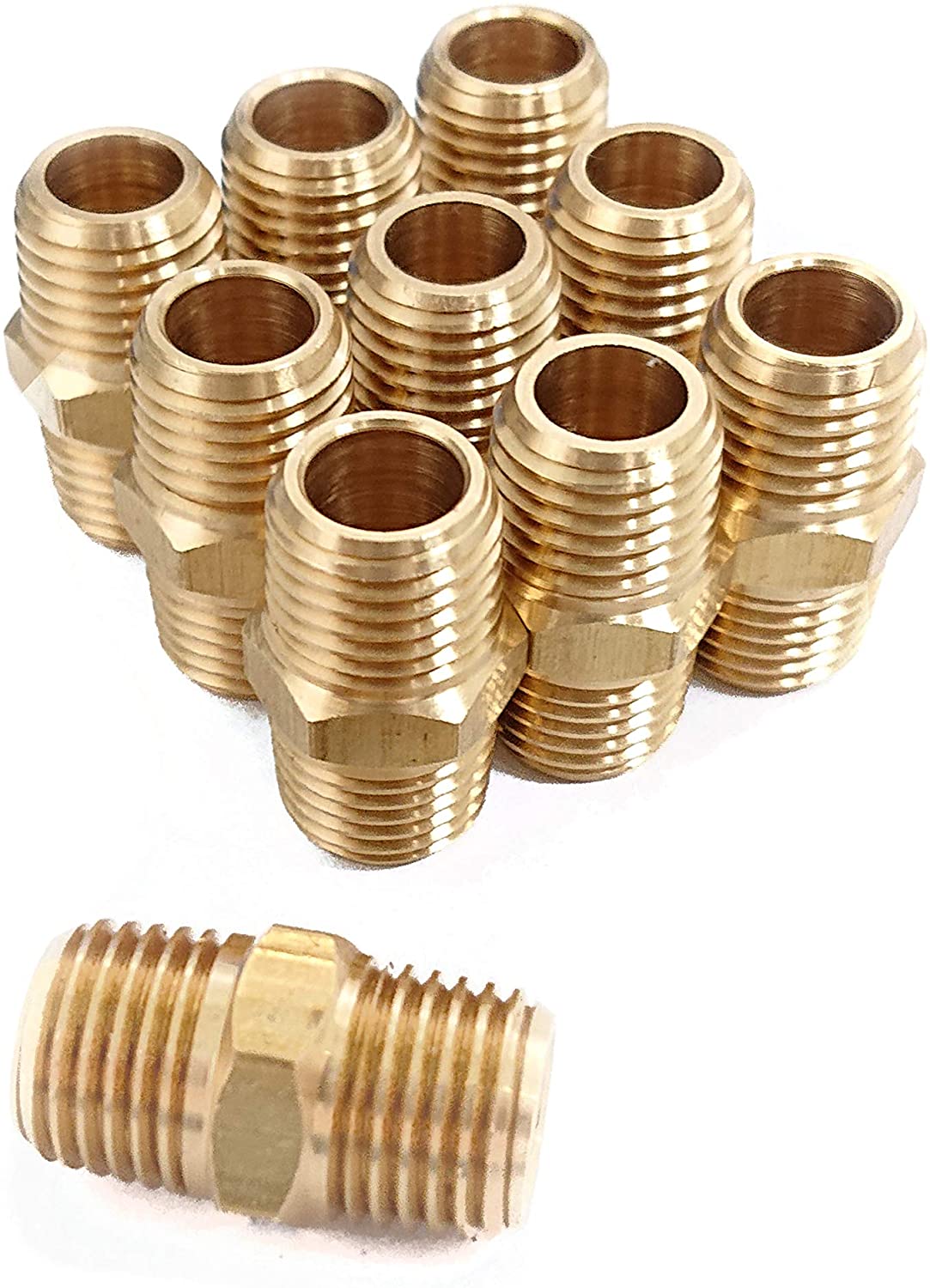 Hex Nipple Coupling Set, 1/4-Inch NPT x 1/4-Inch NPT, Brass Male Pipe (10 Piece).